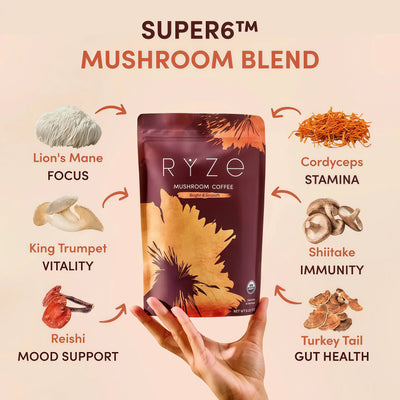 RYZE Organic Mushroom Coffee, Medium Roast, Adaptogenic Blend, 30 Servings